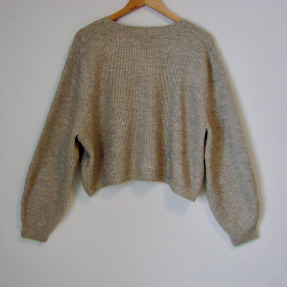 H&M Rhinestone Bow Cardigan Sweater Ribbed Beige Taupe Wool Blend Oversized XL - Picture 13 of 15